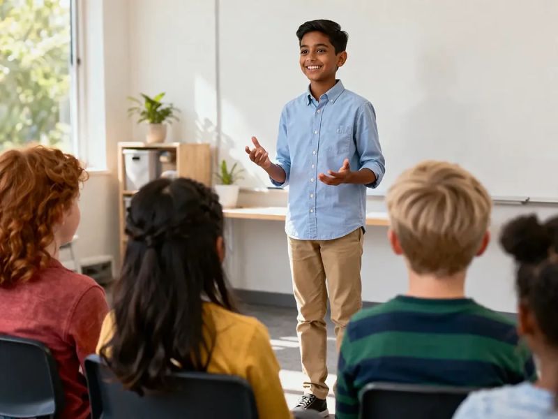 A child standing and presenting confidently to a seated group of peers.